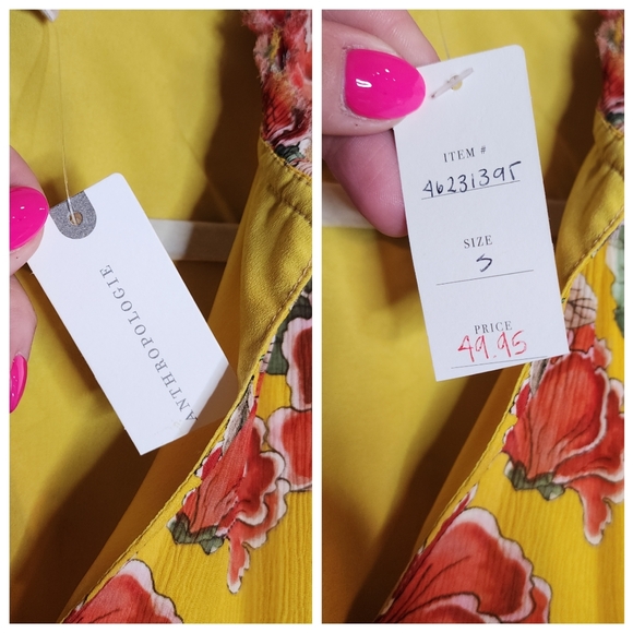 Anthropologie Dolan Silk Ellory Yellow Floral Midi flutter sleeve dress. S. New. - Picture 6 of 16